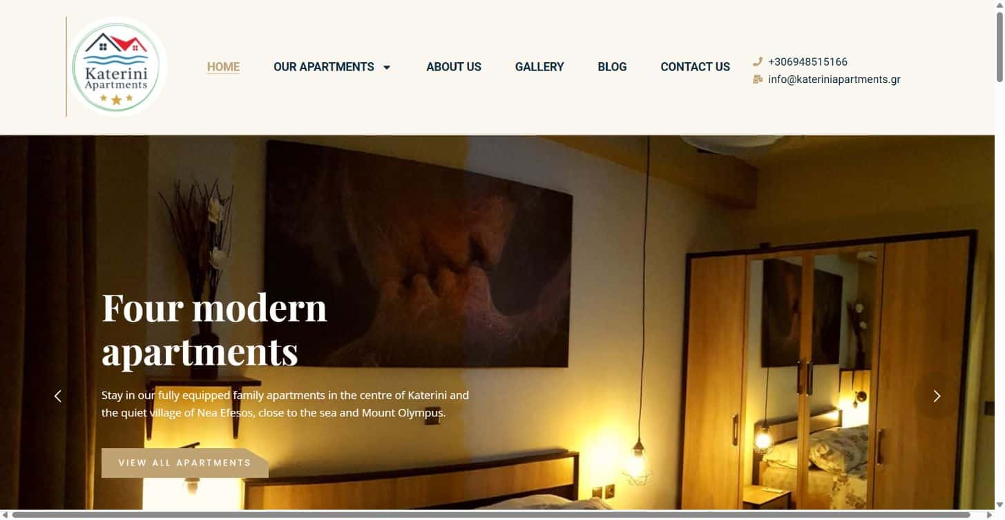 Screenshot of the Katerini Apartments website showing its navigation and holiday apartment homepage