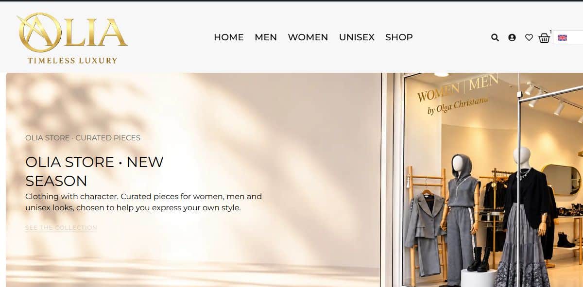 Screenshot of the Olia Store English WooCommerce website showing its logo, navigation and new season homepage