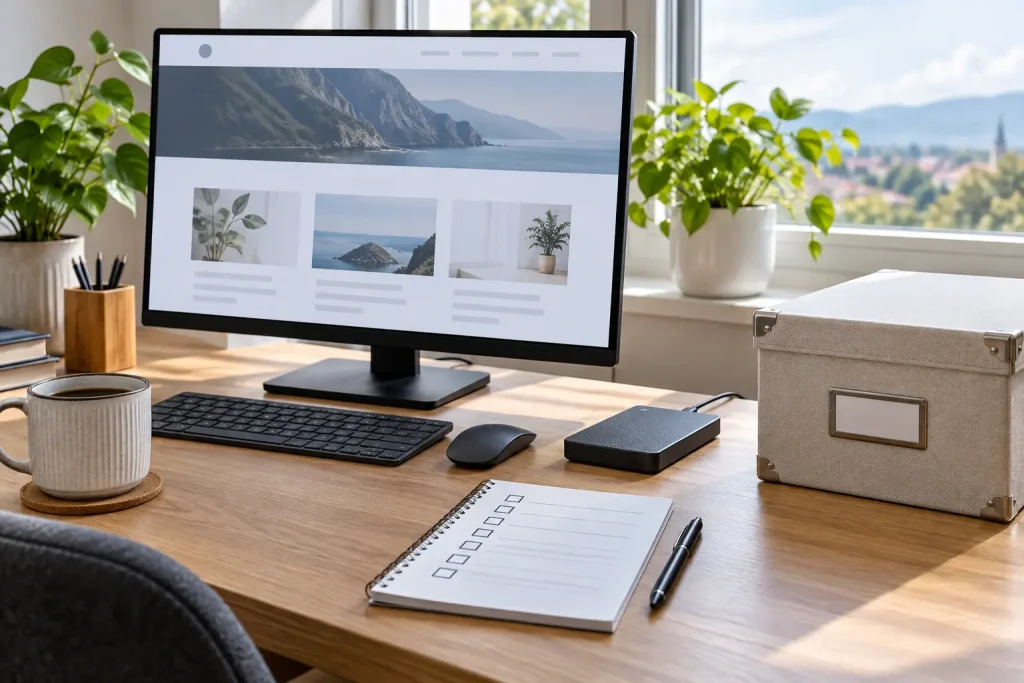 Monitor mit beispielhafter Website-Ansicht, externem Datenträger und Archivbox als Symbol für eine Wiederherstellungsprüfung.