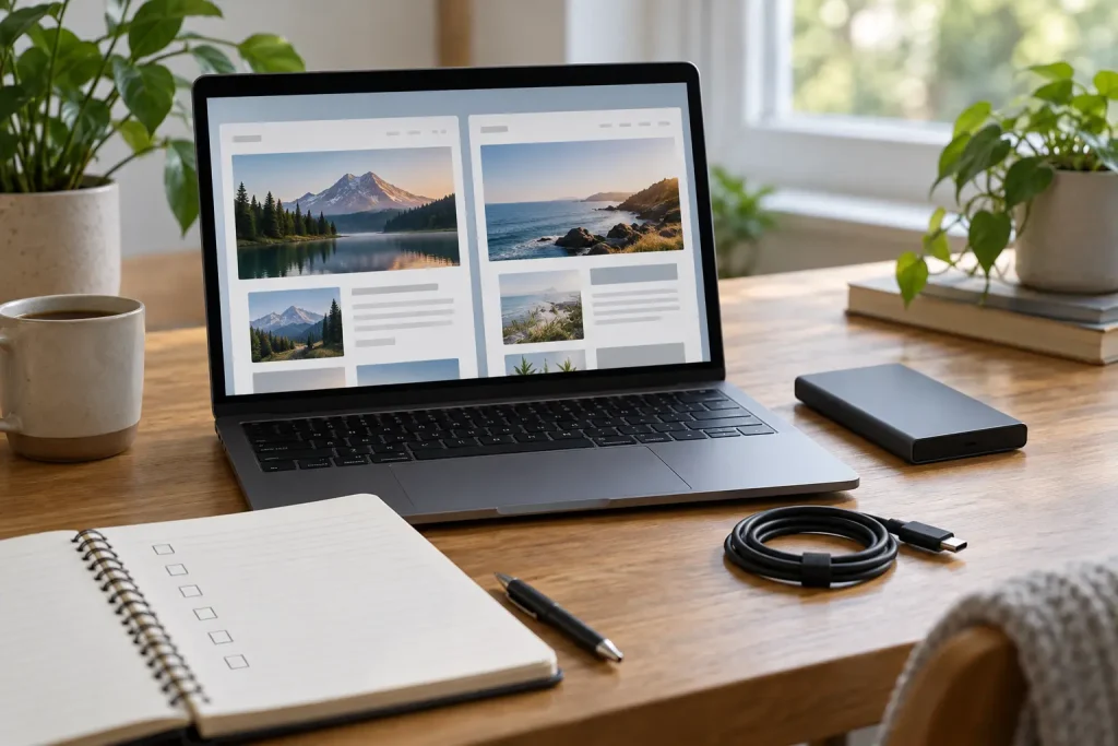 Laptop with two illustrative website previews beside a portable drive and a blank review checklist.