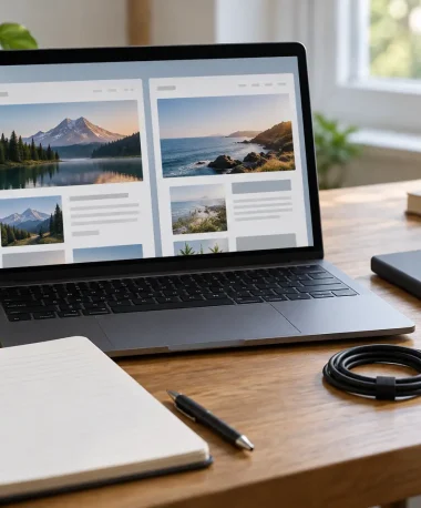 Laptop with two illustrative website previews beside a portable drive and a blank review checklist.