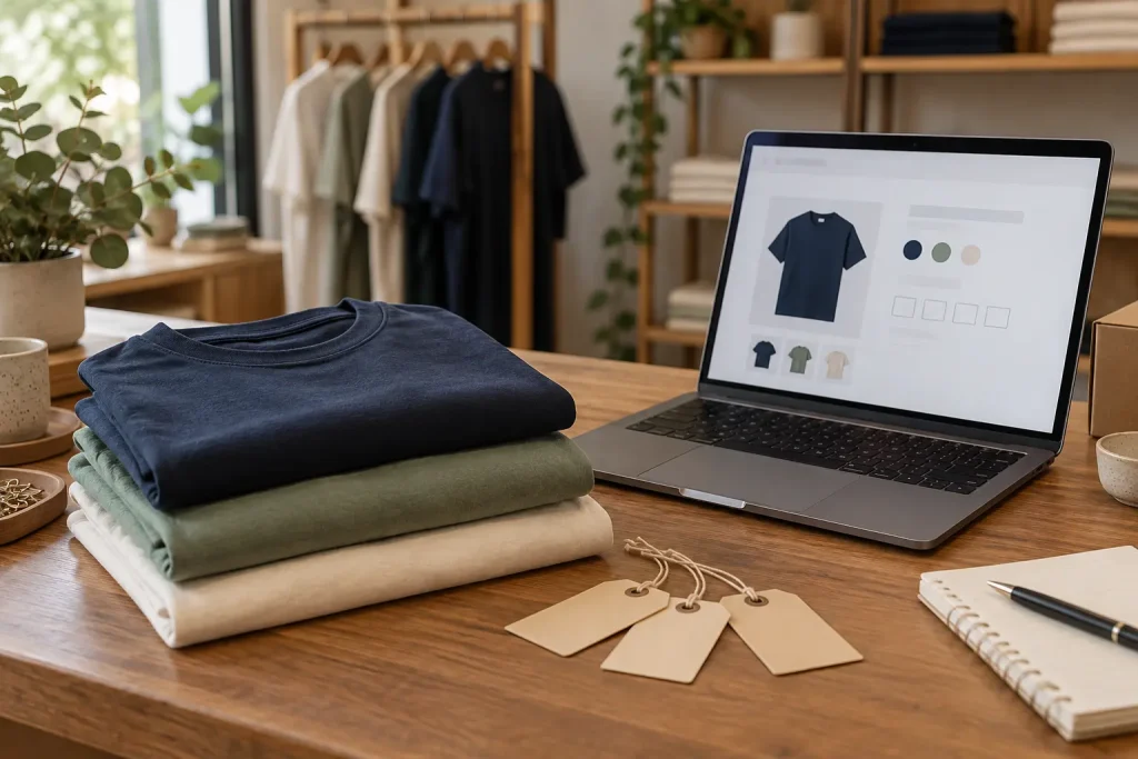 Folded shirts in three colours beside a laptop displaying an illustrative product selector.