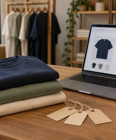 Folded shirts in three colours beside a laptop displaying an illustrative product selector.