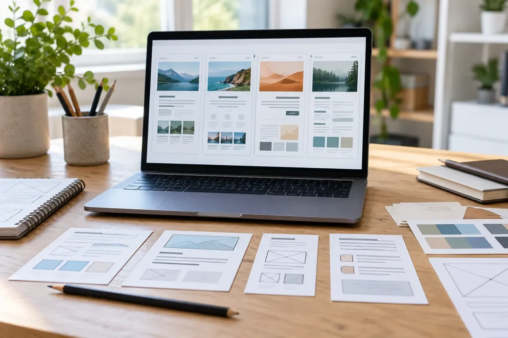 Website planning workspace with a laptop and printed page wireframes.