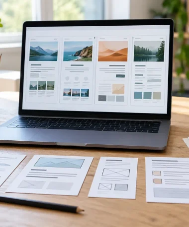 Website planning workspace with a laptop and printed page wireframes.