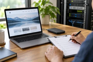 Laptop, backup drive and maintenance checklist beside server equipment.