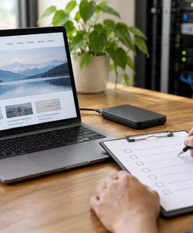 Laptop, backup drive and maintenance checklist beside server equipment.