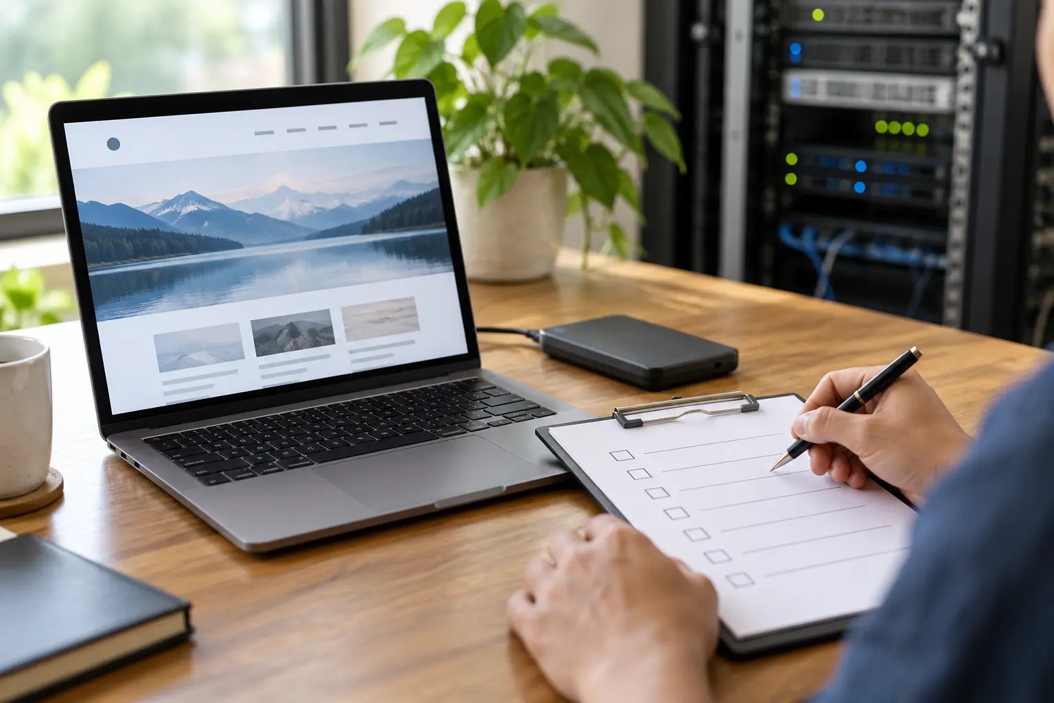Laptop, backup drive and maintenance checklist beside server equipment.
