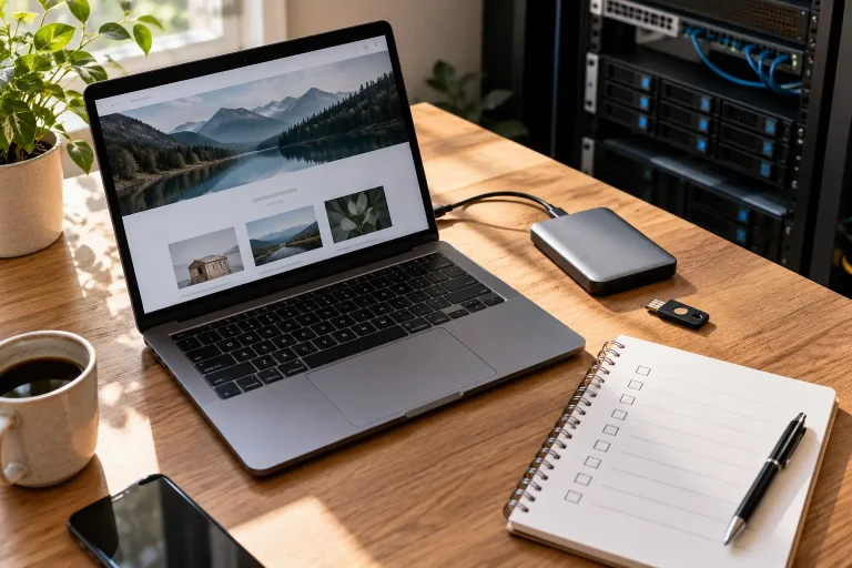 Laptop, εξωτερικός δίσκος και λίστα ελέγχου για τη φροντίδα ιστοσελίδας.