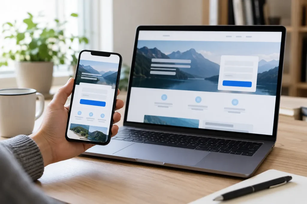 Phone and laptop displaying a landing page with a contact form and clear action button.