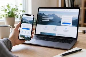 Phone and laptop displaying a landing page with a contact form and clear action button.