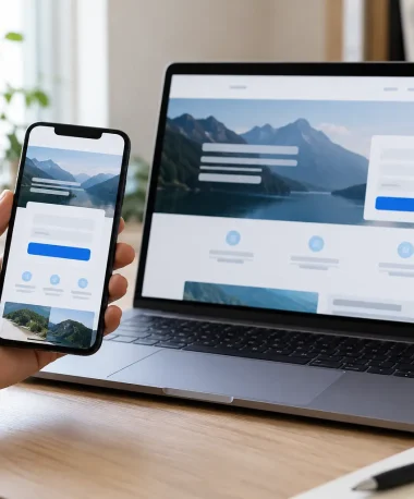 Phone and laptop displaying a landing page with a contact form and clear action button.