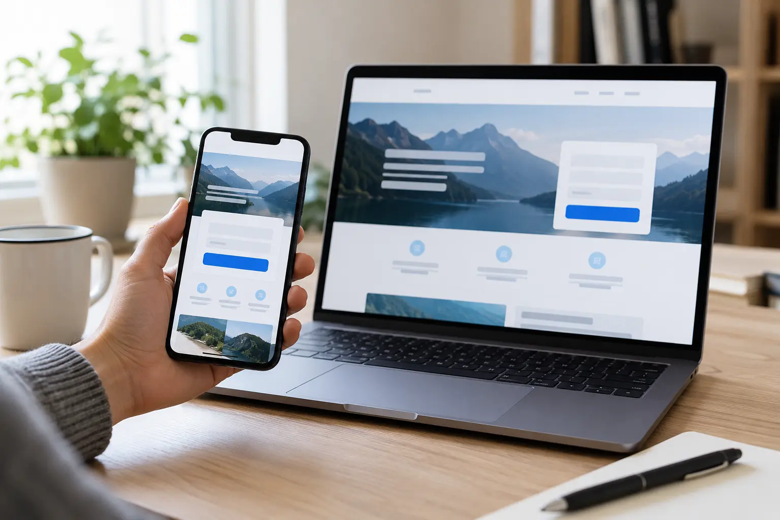 Phone and laptop displaying a landing page with a contact form and clear action button.