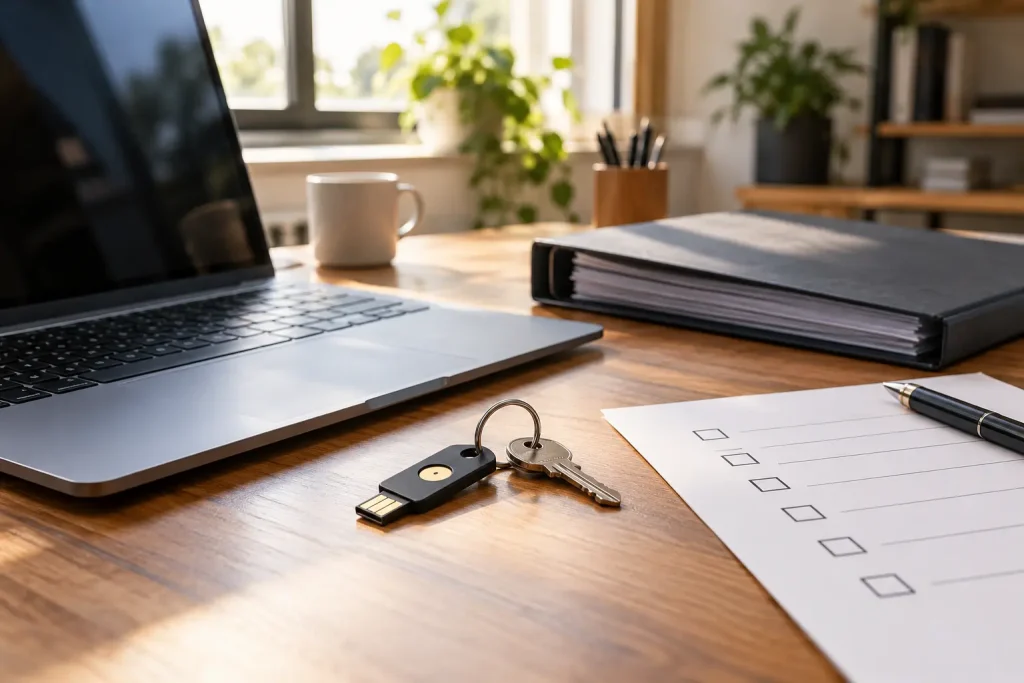 Hardware security key, laptop and checklist prepared for a website handover.