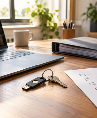Hardware security key, laptop and checklist prepared for a website handover.