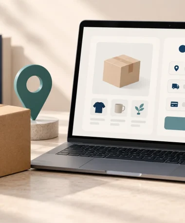 Illustration of a shipping parcel beside an online-store checkout and location pin