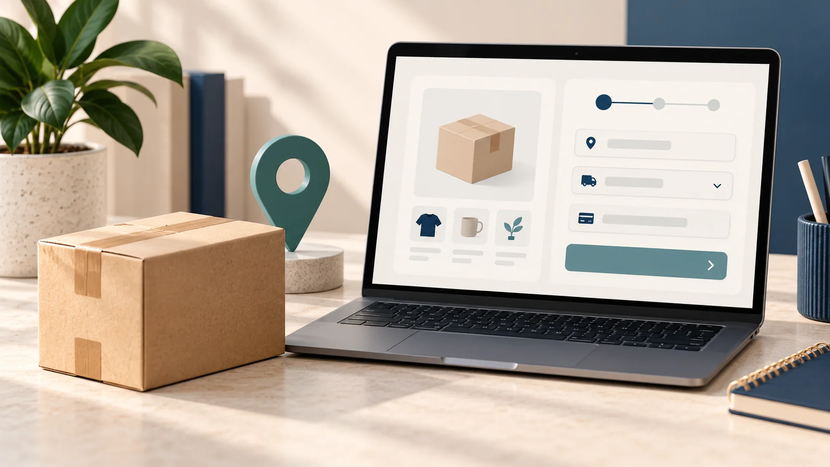Illustration of a shipping parcel beside an online-store checkout and location pin